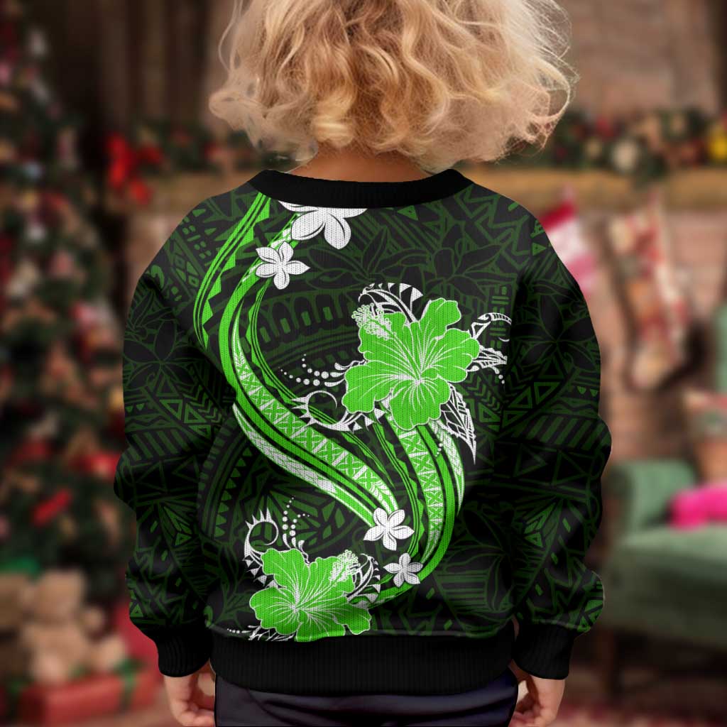 Green Polynesian Pattern With Tropical Flowers Kid Ugly Christmas Sweater