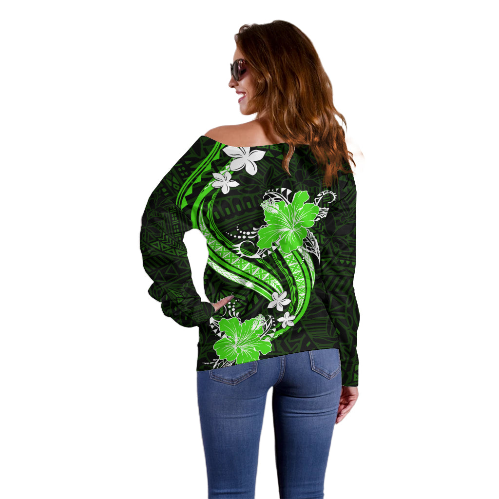 Green Polynesian Pattern With Tropical Flowers Off Shoulder Sweater LT05 - Polynesian Pride