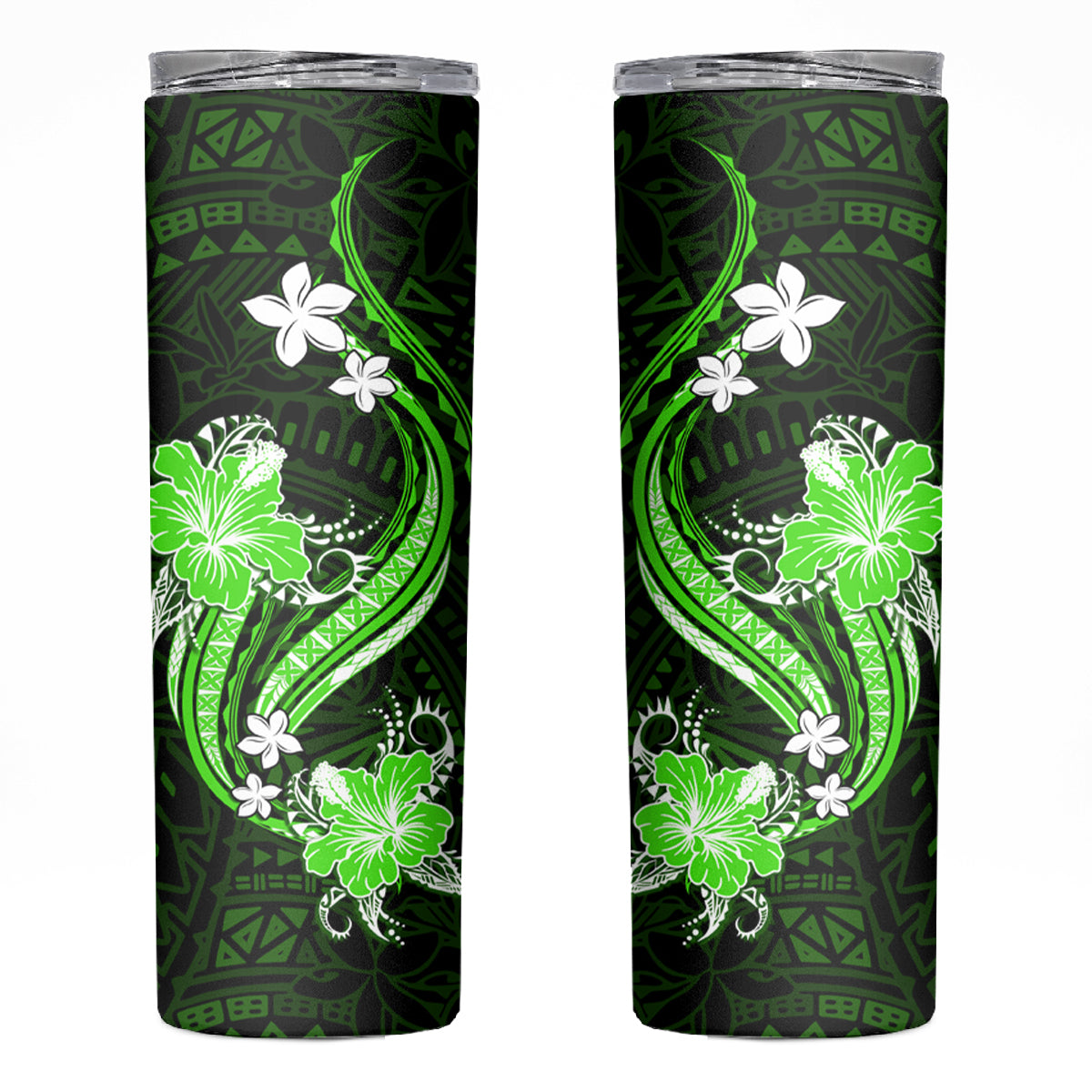 Green Polynesian Pattern With Tropical Flowers Skinny Tumbler