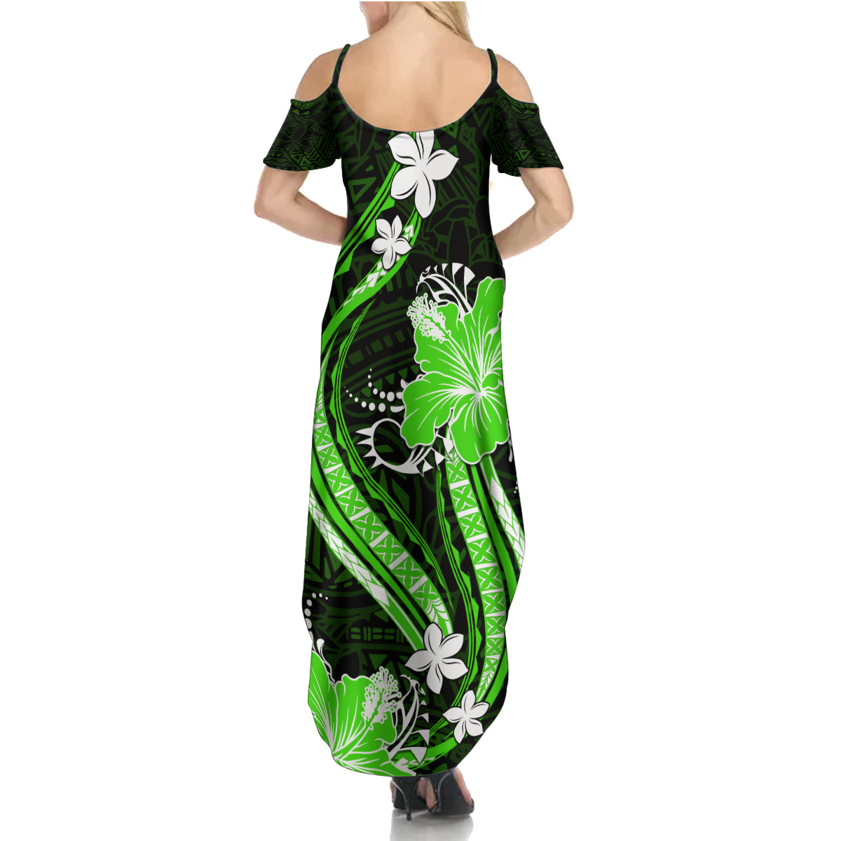 Green Polynesian Pattern With Tropical Flowers Summer Maxi Dress LT05 - Polynesian Pride