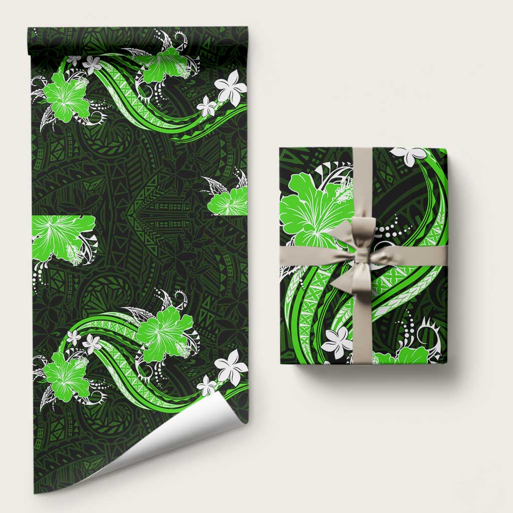Green Polynesian Pattern With Tropical Flowers Wrapping Paper - Polynesian Pride