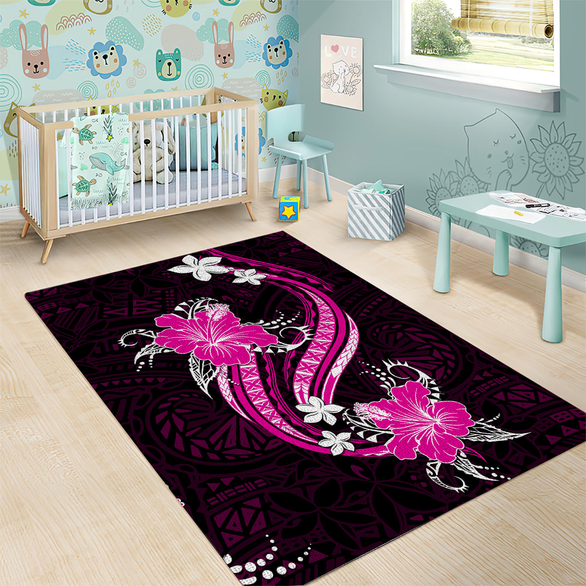 Pink Polynesian Pattern With Tropical Flowers Area Rug LT05 - Polynesian Pride