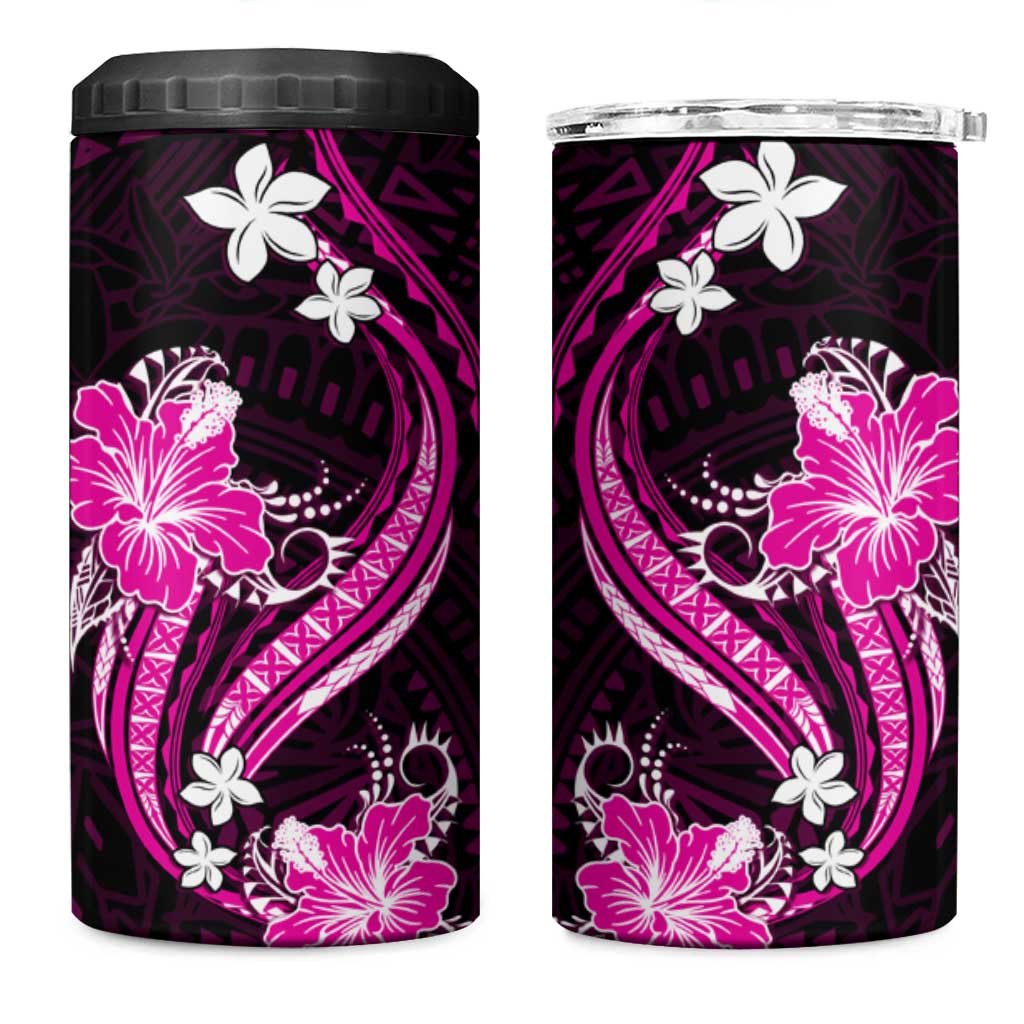 Pink Polynesian Pattern With Tropical Flowers 4 in 1 Can Cooler Tumbler