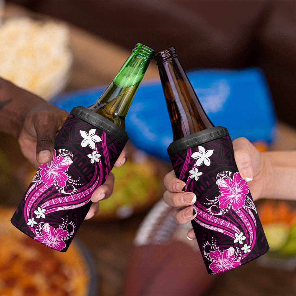 Pink Polynesian Pattern With Tropical Flowers 4 in 1 Can Cooler Tumbler