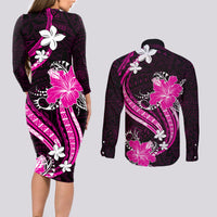 Pink Polynesian Pattern With Tropical Flowers Couples Matching Long Sleeve Bodycon Dress and Long Sleeve Button Shirt LT05 - Polynesian Pride