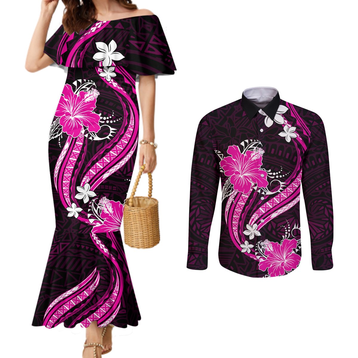 Pink Polynesian Pattern With Tropical Flowers Couples Matching Mermaid Dress and Long Sleeve Button Shirt LT05 Pink - Polynesian Pride