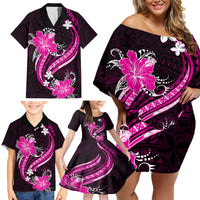Pink Polynesian Pattern With Tropical Flowers Family Matching Off Shoulder Short Dress and Hawaiian Shirt LT05 - Polynesian Pride