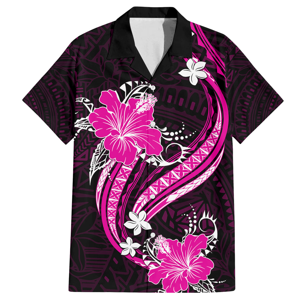 Pink Polynesian Pattern With Tropical Flowers Family Matching Off Shoulder Short Dress and Hawaiian Shirt LT05 Dad's Shirt - Short Sleeve Pink - Polynesian Pride