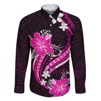 Pink Polynesian Pattern With Tropical Flowers Family Matching Short Sleeve Bodycon Dress and Hawaiian Shirt LT05 Dad's Shirt - Long Sleeve Pink - Polynesian Pride