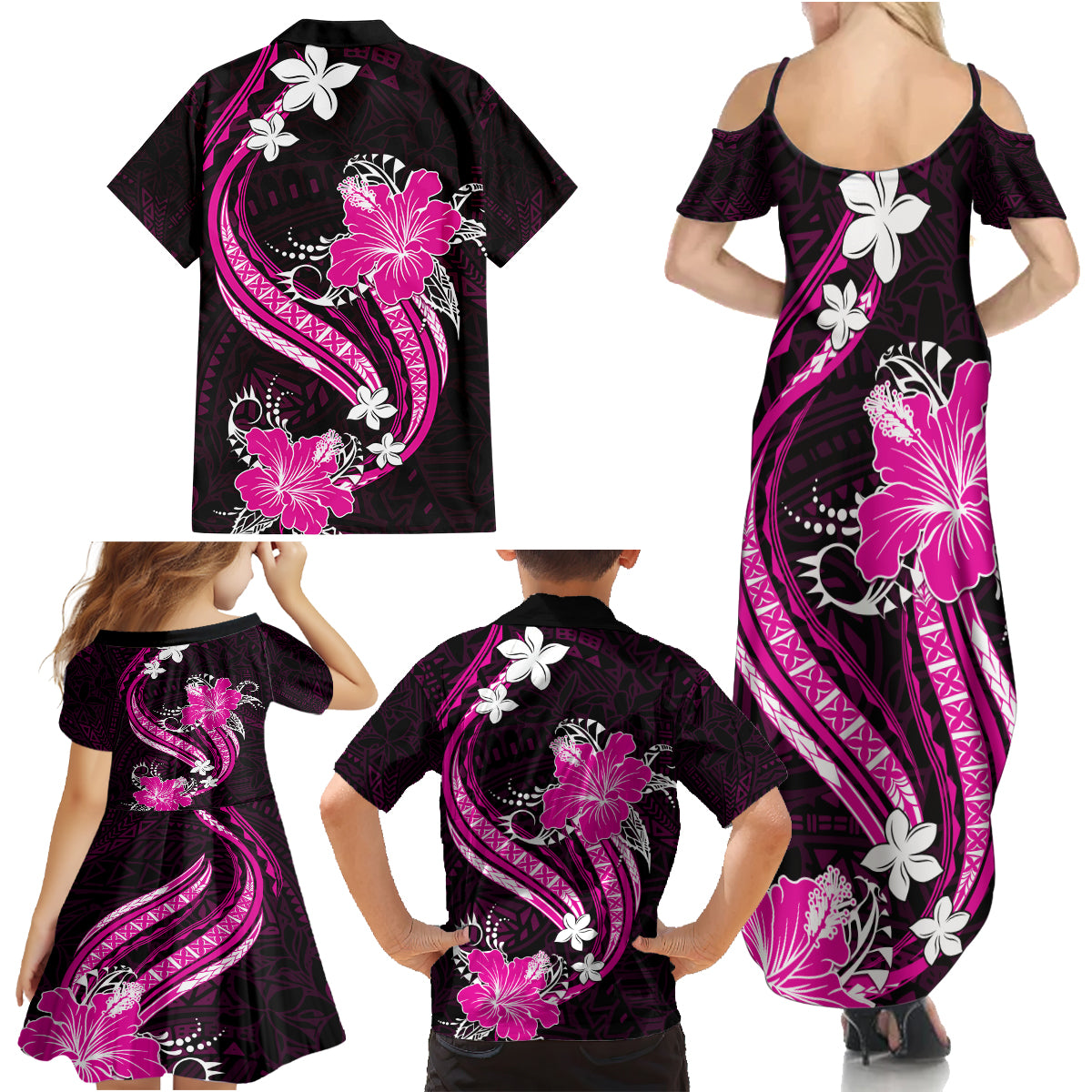 Pink Polynesian Pattern With Tropical Flowers Family Matching Summer Maxi Dress and Hawaiian Shirt LT05 - Polynesian Pride