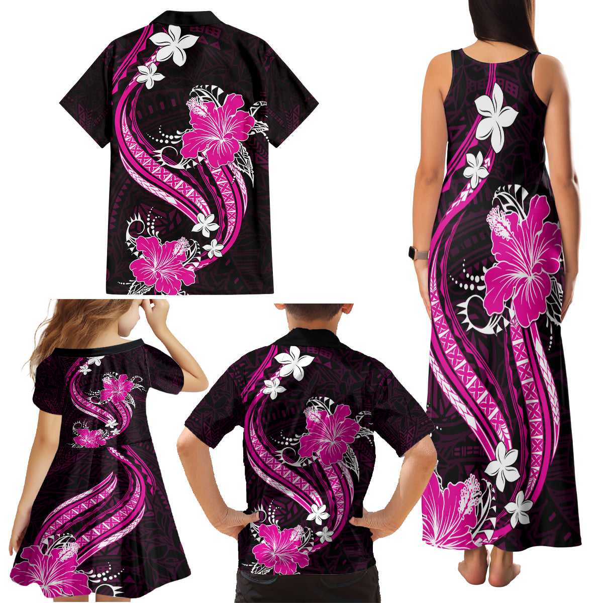 Pink Polynesian Pattern With Tropical Flowers Family Matching Tank Maxi Dress and Hawaiian Shirt LT05 - Polynesian Pride