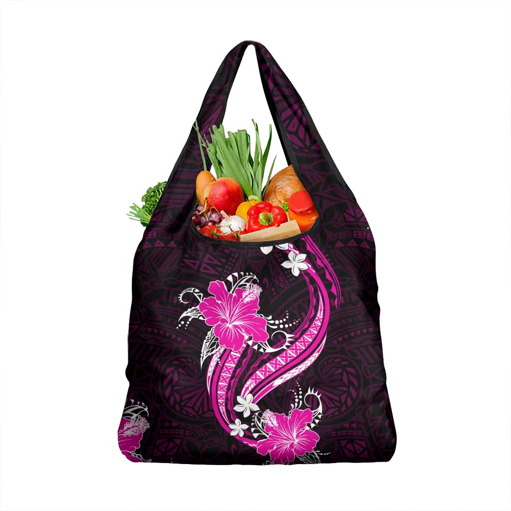 Pink Polynesian Pattern With Tropical Flowers Grocery Bag