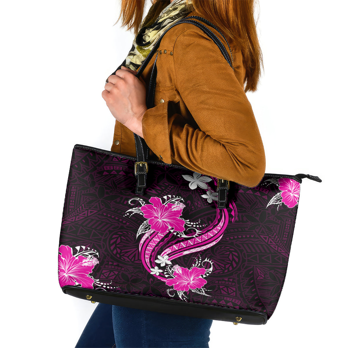 Pink Polynesian Pattern With Tropical Flowers Leather Tote Bag LT05 Pink - Polynesian Pride