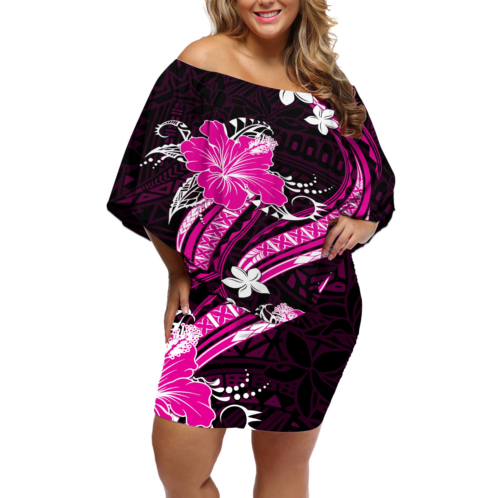 Pink Polynesian Pattern With Tropical Flowers Off Shoulder Short Dress LT05 Women Pink - Polynesian Pride