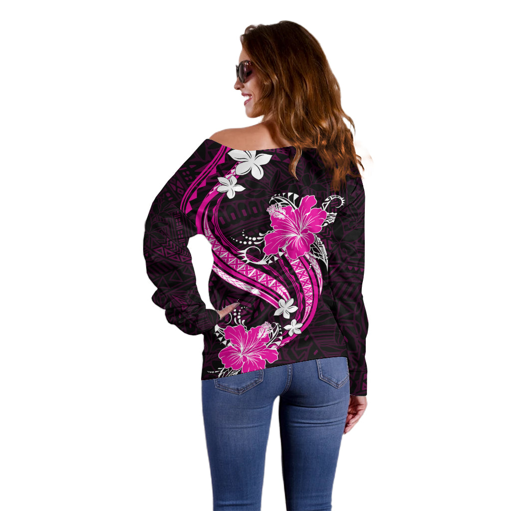 Pink Polynesian Pattern With Tropical Flowers Off Shoulder Sweater LT05 - Polynesian Pride