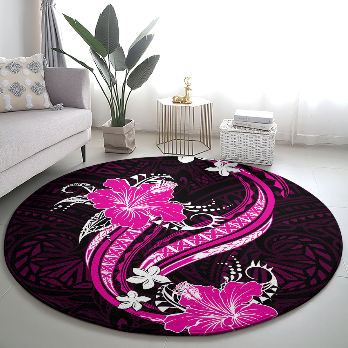 Pink Polynesian Pattern With Tropical Flowers Round Carpet LT05 - Polynesian Pride