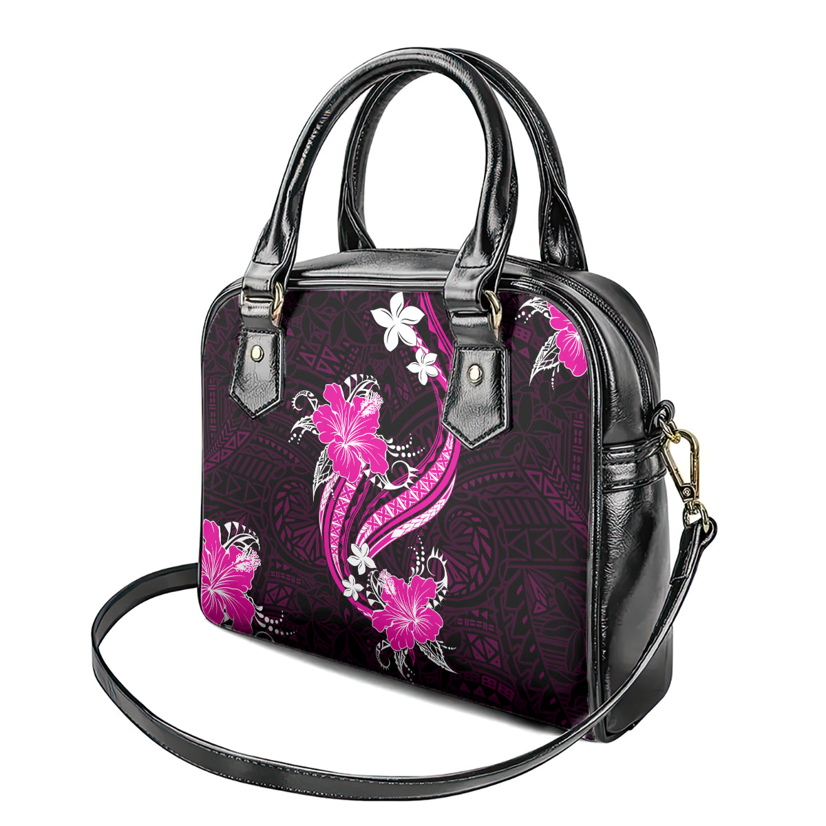 Pink Polynesian Pattern With Tropical Flowers Shoulder Handbag LT05 - Polynesian Pride