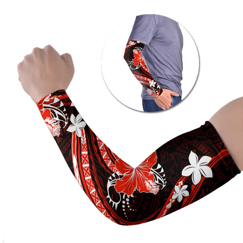 Red Polynesian Pattern With Tropical Flowers Arm Sleeves - Polynesian Pride