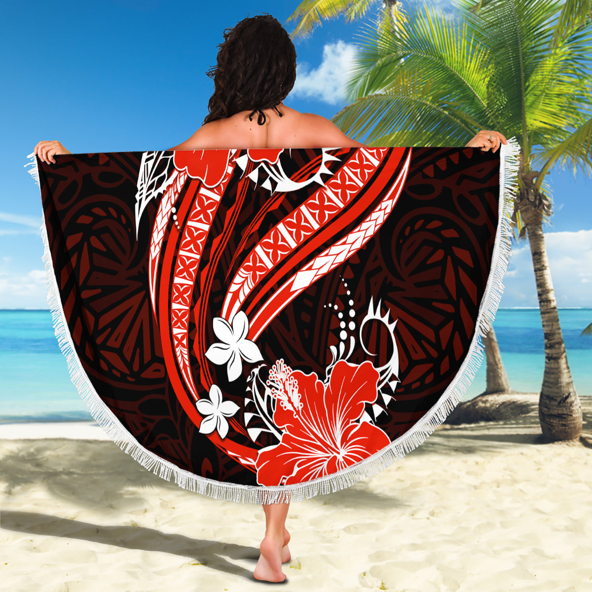 Red Polynesian Pattern With Tropical Flowers Beach Blanket LT05 - Polynesian Pride