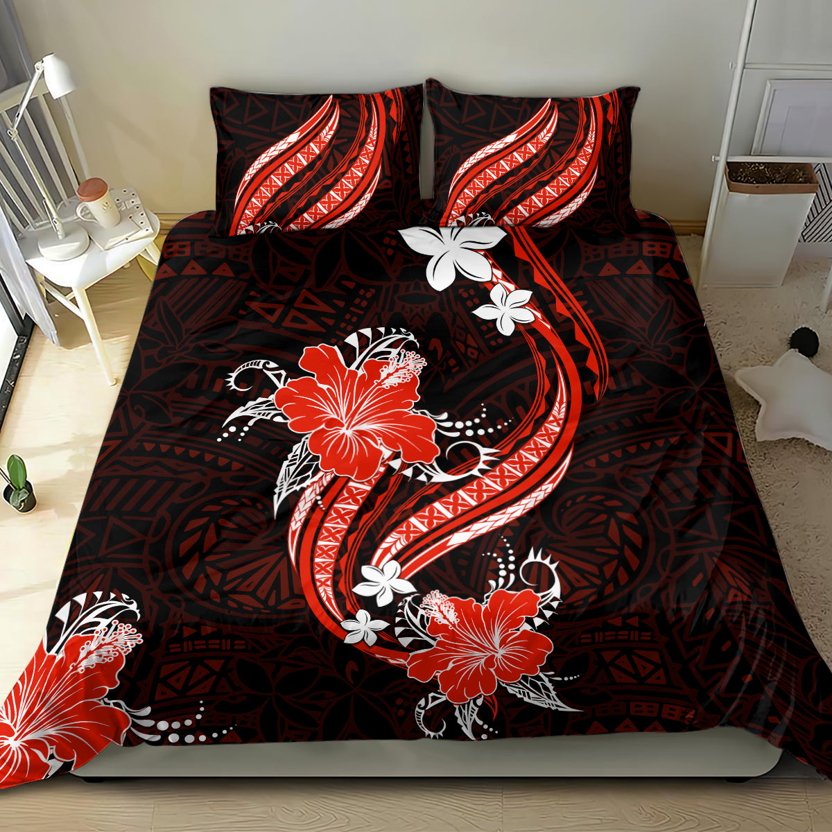 Red Polynesian Pattern With Tropical Flowers Bedding Set LT05 - Polynesian Pride