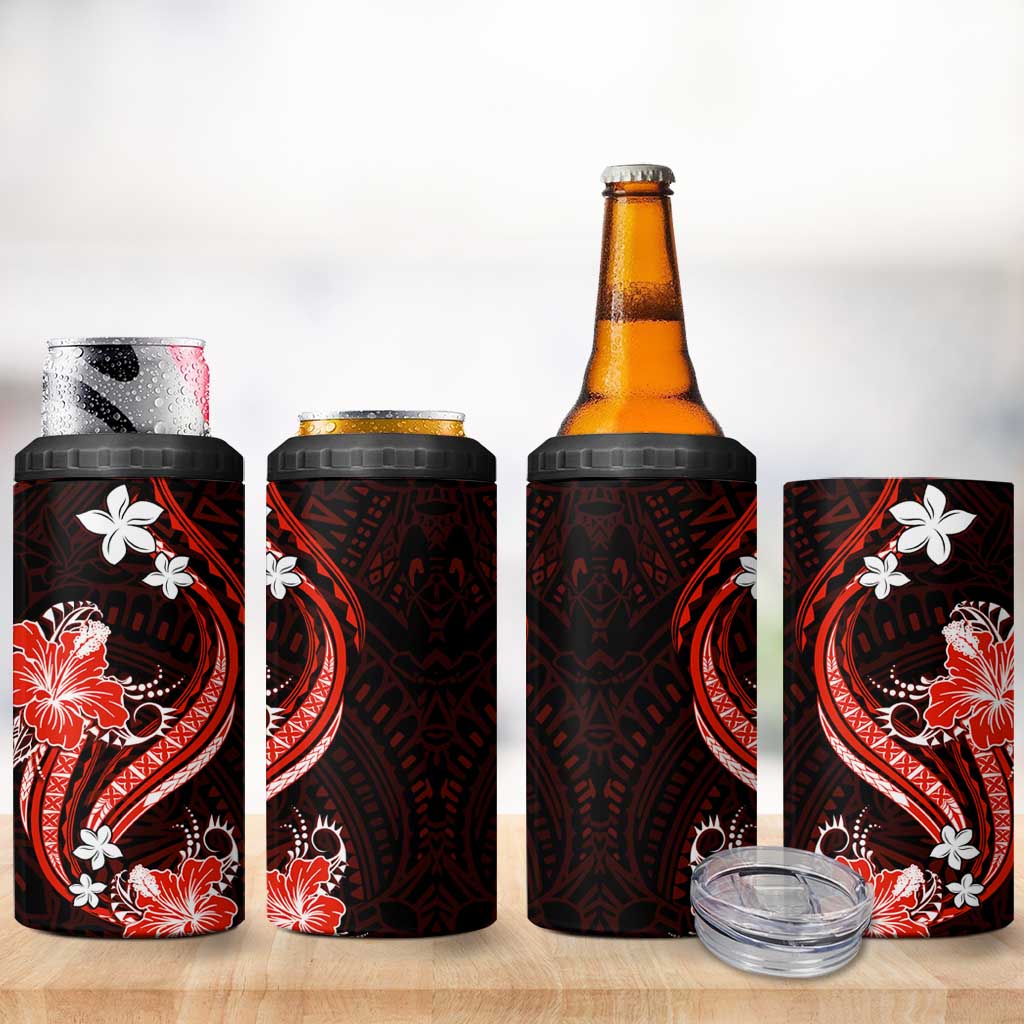 Red Polynesian Pattern With Tropical Flowers 4 in 1 Can Cooler Tumbler