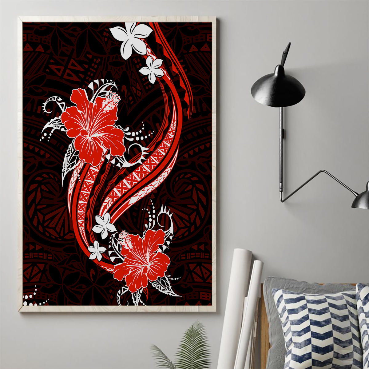 Red Polynesian Pattern With Tropical Flowers Canvas Wall Art LT05 - Polynesian Pride