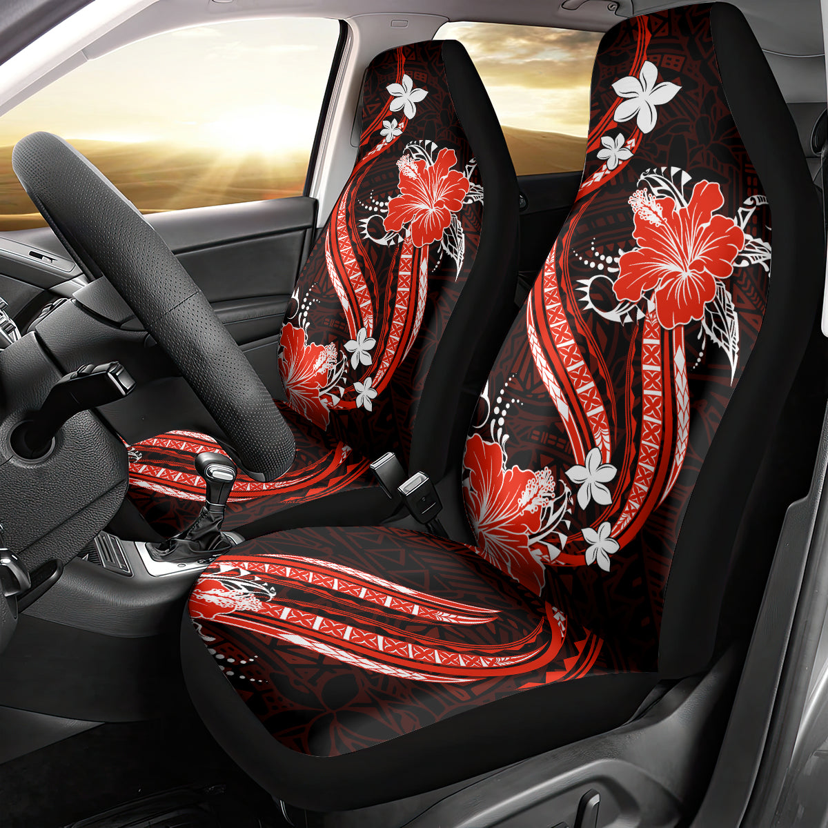 Red Polynesian Pattern With Tropical Flowers Car Seat Cover LT05 - Polynesian Pride