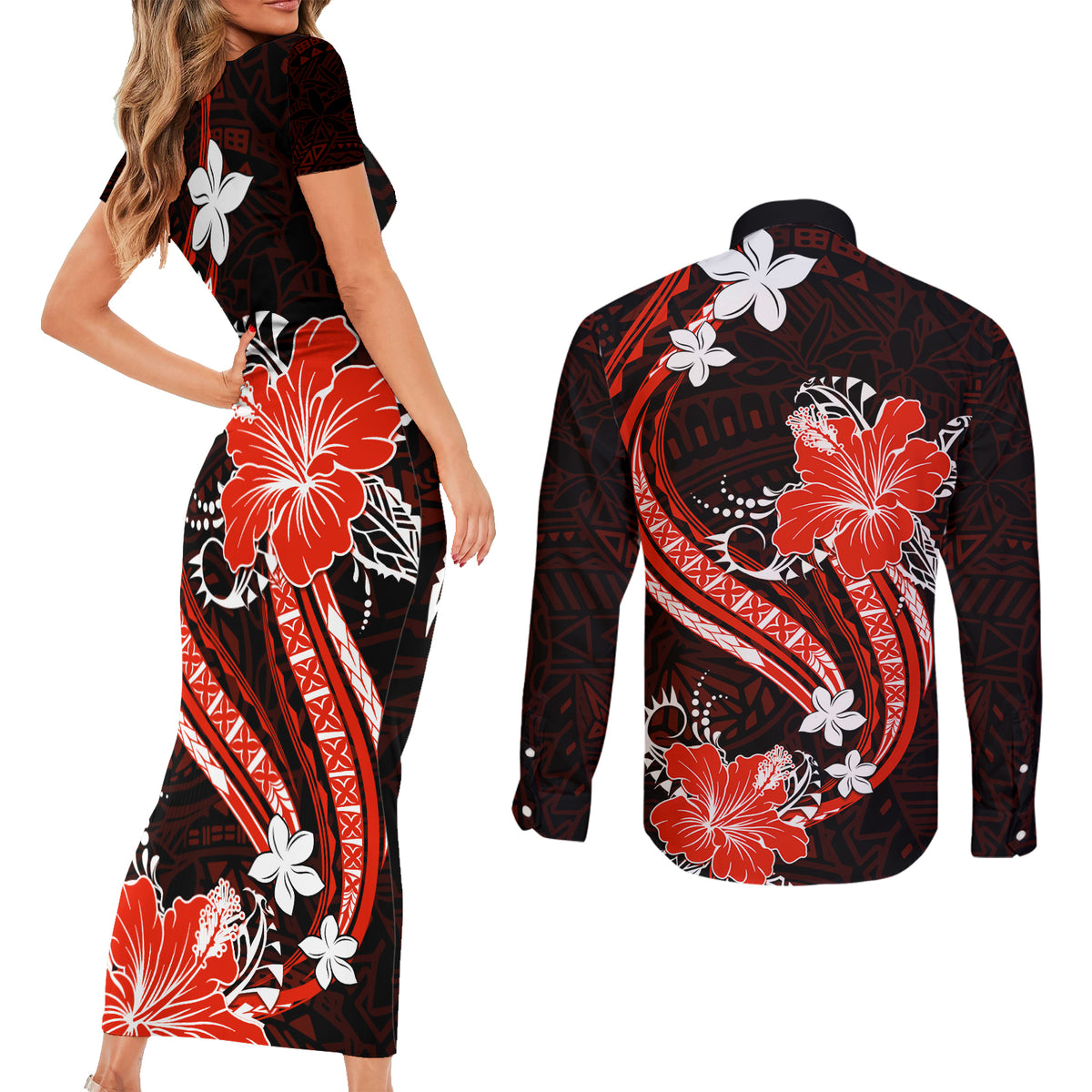 Red Polynesian Pattern With Tropical Flowers Couples Matching Short Sleeve Bodycon Dress and Long Sleeve Button Shirt LT05 - Polynesian Pride
