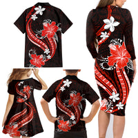 Red Polynesian Pattern With Tropical Flowers Family Matching Long Sleeve Bodycon Dress and Hawaiian Shirt LT05 - Polynesian Pride