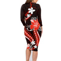 Red Polynesian Pattern With Tropical Flowers Family Matching Long Sleeve Bodycon Dress and Hawaiian Shirt LT05 - Polynesian Pride