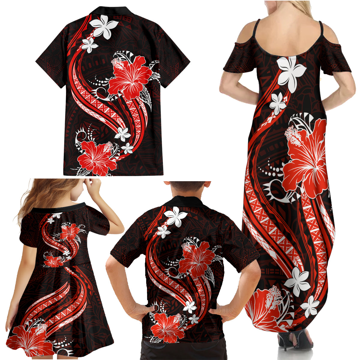 Red Polynesian Pattern With Tropical Flowers Family Matching Summer Maxi Dress and Hawaiian Shirt LT05 - Polynesian Pride