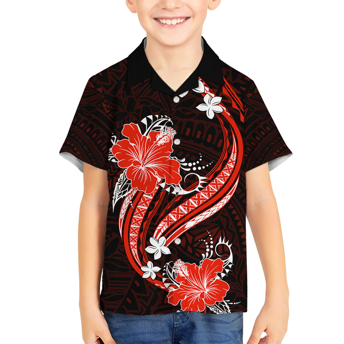 Red Polynesian Pattern With Tropical Flowers Family Matching Summer Maxi Dress and Hawaiian Shirt LT05 Son's Shirt Red - Polynesian Pride