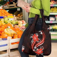 Red Polynesian Pattern With Tropical Flowers Grocery Bag