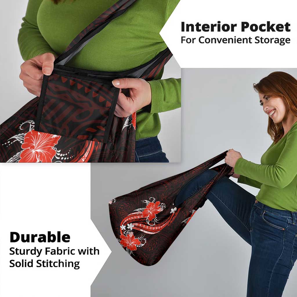 Red Polynesian Pattern With Tropical Flowers Grocery Bag