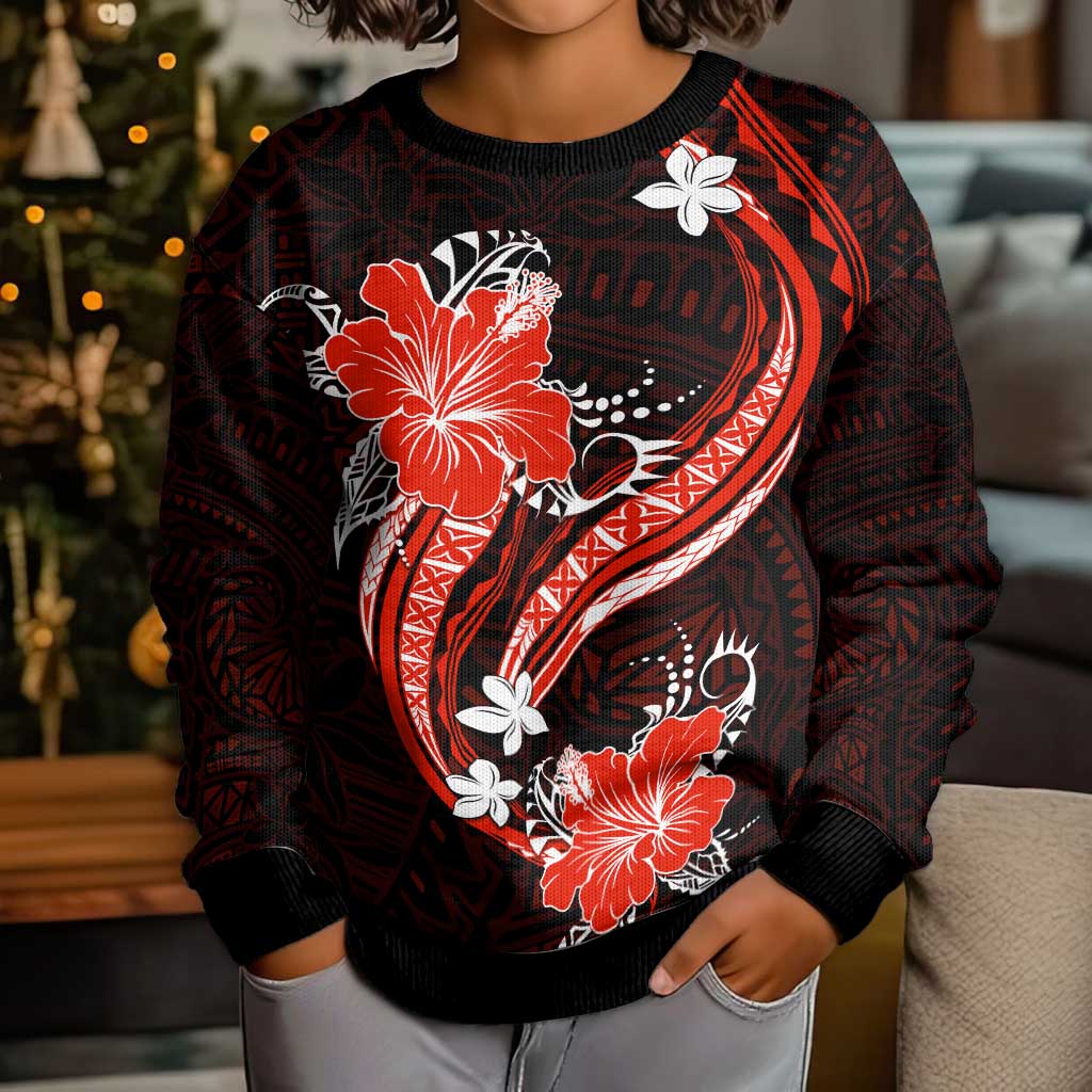 Red Polynesian Pattern With Tropical Flowers Kid Ugly Christmas Sweater
