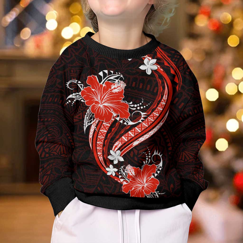 Red Polynesian Pattern With Tropical Flowers Kid Ugly Christmas Sweater