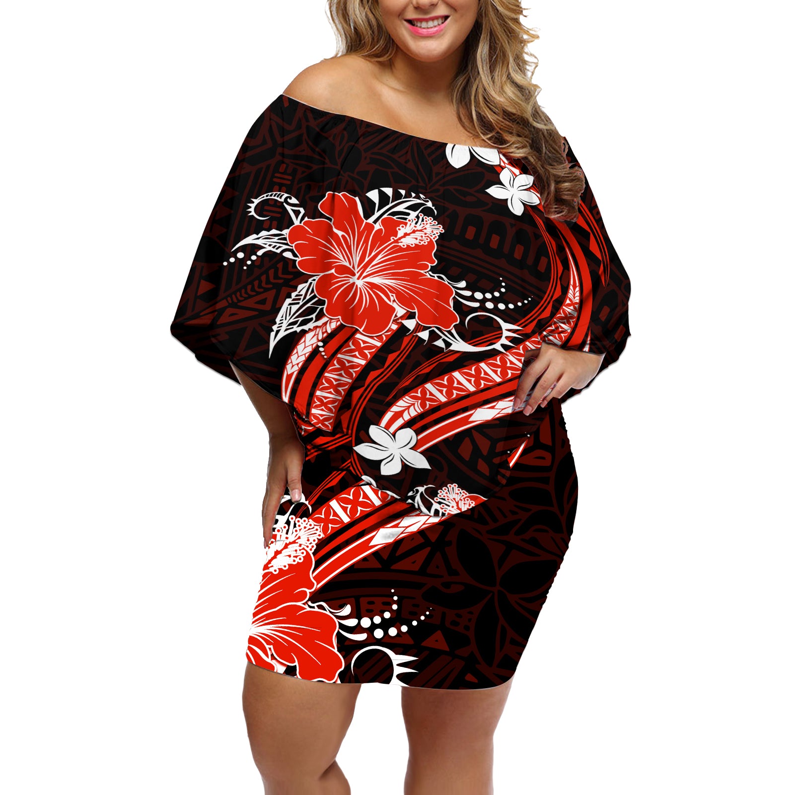 Red Polynesian Pattern With Tropical Flowers Off Shoulder Short Dress LT05 Women Red - Polynesian Pride