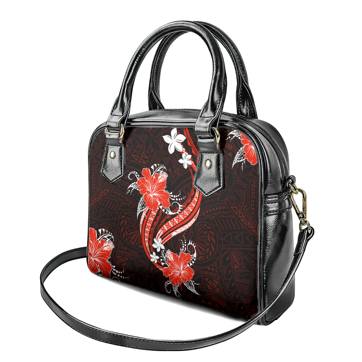 Red Polynesian Pattern With Tropical Flowers Shoulder Handbag LT05 - Polynesian Pride