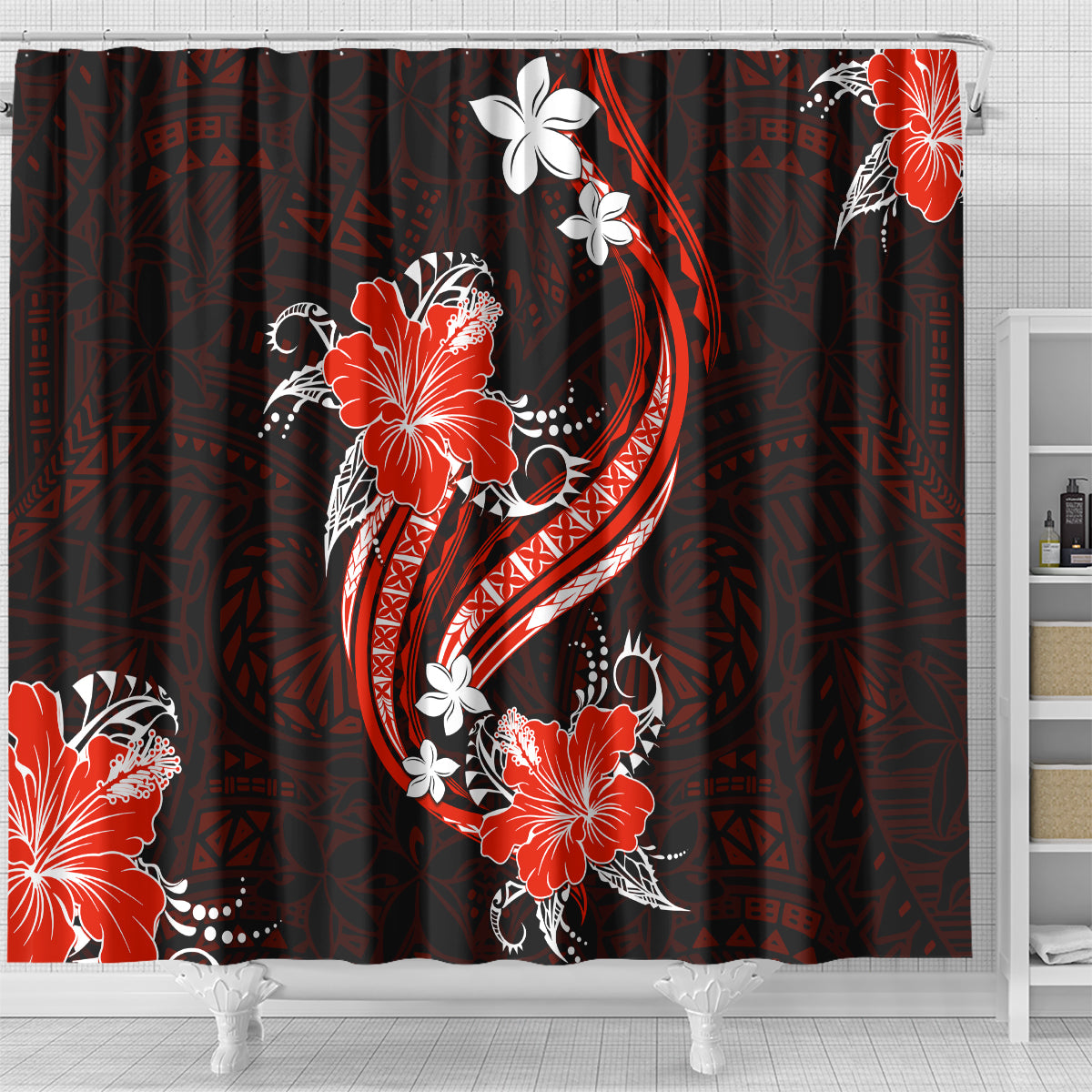 Red Polynesian Pattern With Tropical Flowers Shower Curtain LT05 - Polynesian Pride