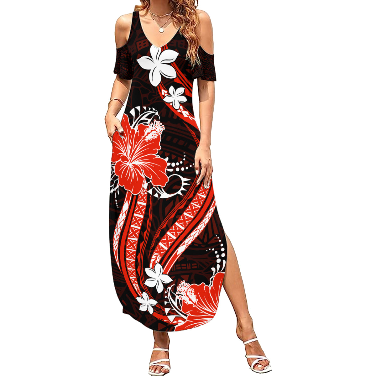 Red Polynesian Pattern With Tropical Flowers Summer Maxi Dress LT05 Women Red - Polynesian Pride