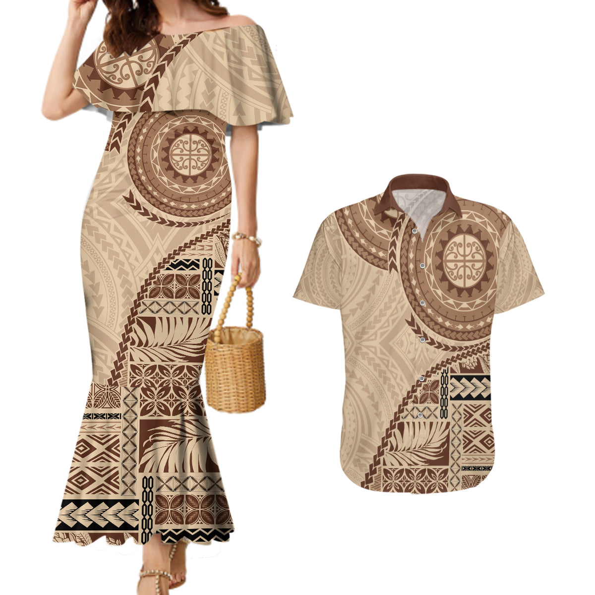 Samoa Siapo Pattern Simple Style Couples Matching Mermaid Dress and Hawaiian Shirt LT05 Brown - Polynesian Pride