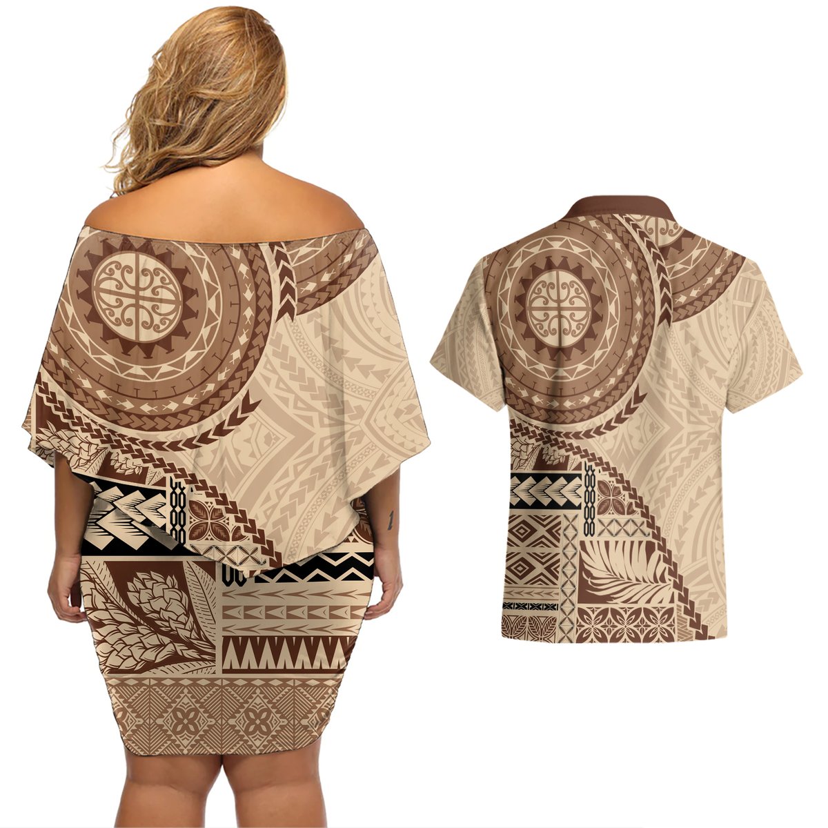Samoa Siapo Pattern Simple Style Couples Matching Off Shoulder Short Dress and Hawaiian Shirt LT05 - Polynesian Pride