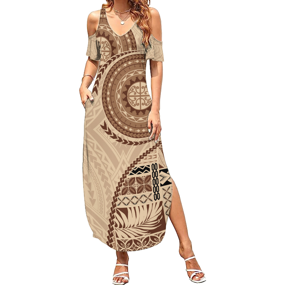 Samoa Siapo Pattern Simple Style Summer Maxi Dress LT05 Women Brown - Polynesian Pride