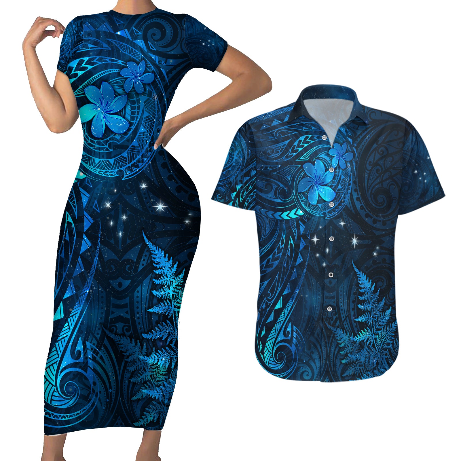 New Zealand Matariki Couples Matching Short Sleeve Bodycon Dress and Hawaiian Shirt Maori New Year LT05 Blue - Polynesian Pride