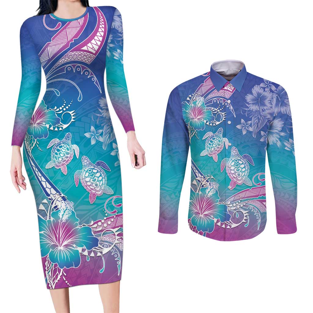 Polynesia Sea Turtle Couple Couples Matching Long Sleeve Bodycon Dress and Long Sleeve Button Shirt Love Is Life