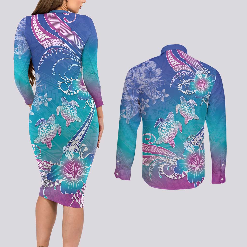 Polynesia Sea Turtle Couple Couples Matching Long Sleeve Bodycon Dress and Long Sleeve Button Shirt Love Is Life