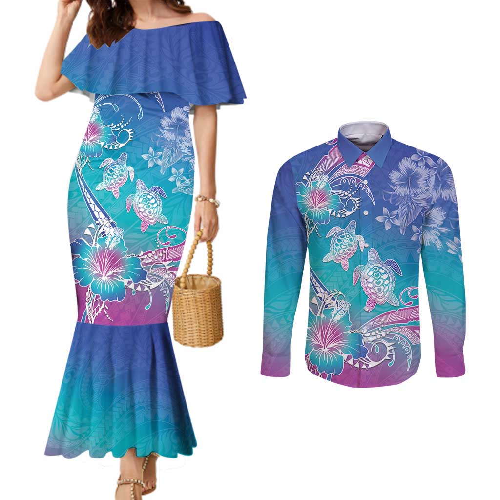 Polynesia Sea Turtle Couple Couples Matching Mermaid Dress and Long Sleeve Button Shirt Love Is Life