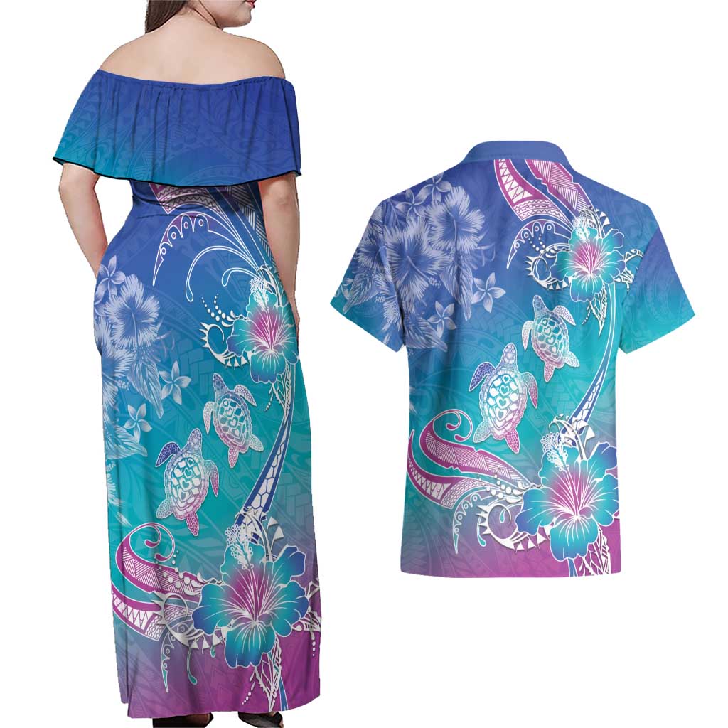 Polynesia Sea Turtle Couple Couples Matching Off Shoulder Maxi Dress and Hawaiian Shirt Love Is Life