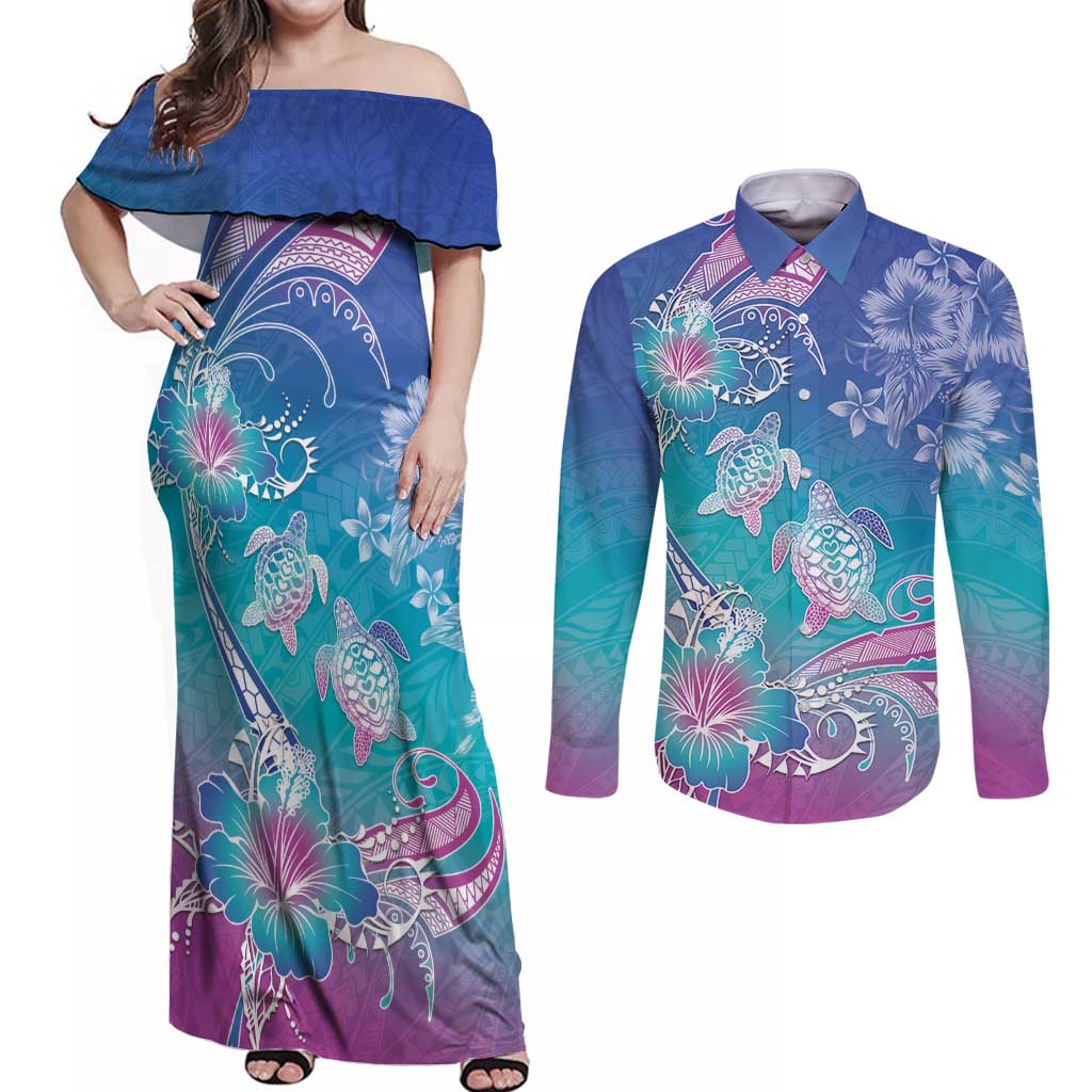 Polynesia Sea Turtle Couple Couples Matching Off Shoulder Maxi Dress and Long Sleeve Button Shirt Love Is Life