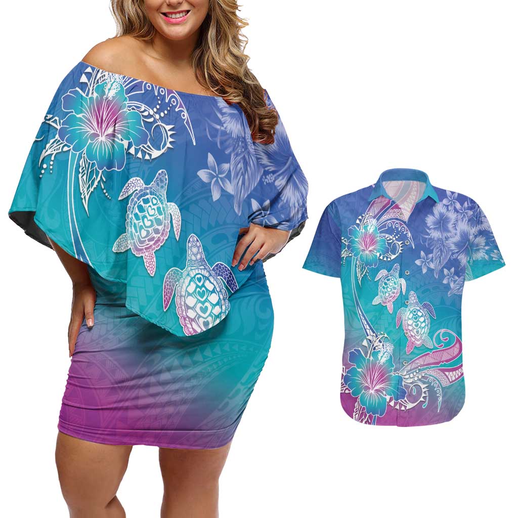 Polynesia Sea Turtle Couple Couples Matching Off Shoulder Short Dress and Hawaiian Shirt Love Is Life